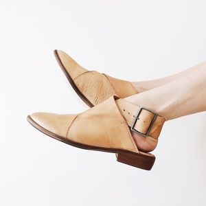 Free People Camel Leather Loafers with Buckle
